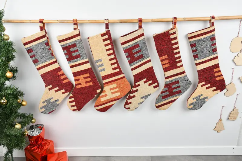 Festive Christmas Ornaments Pattern, 8-Inch Kilim Christmas Stocking