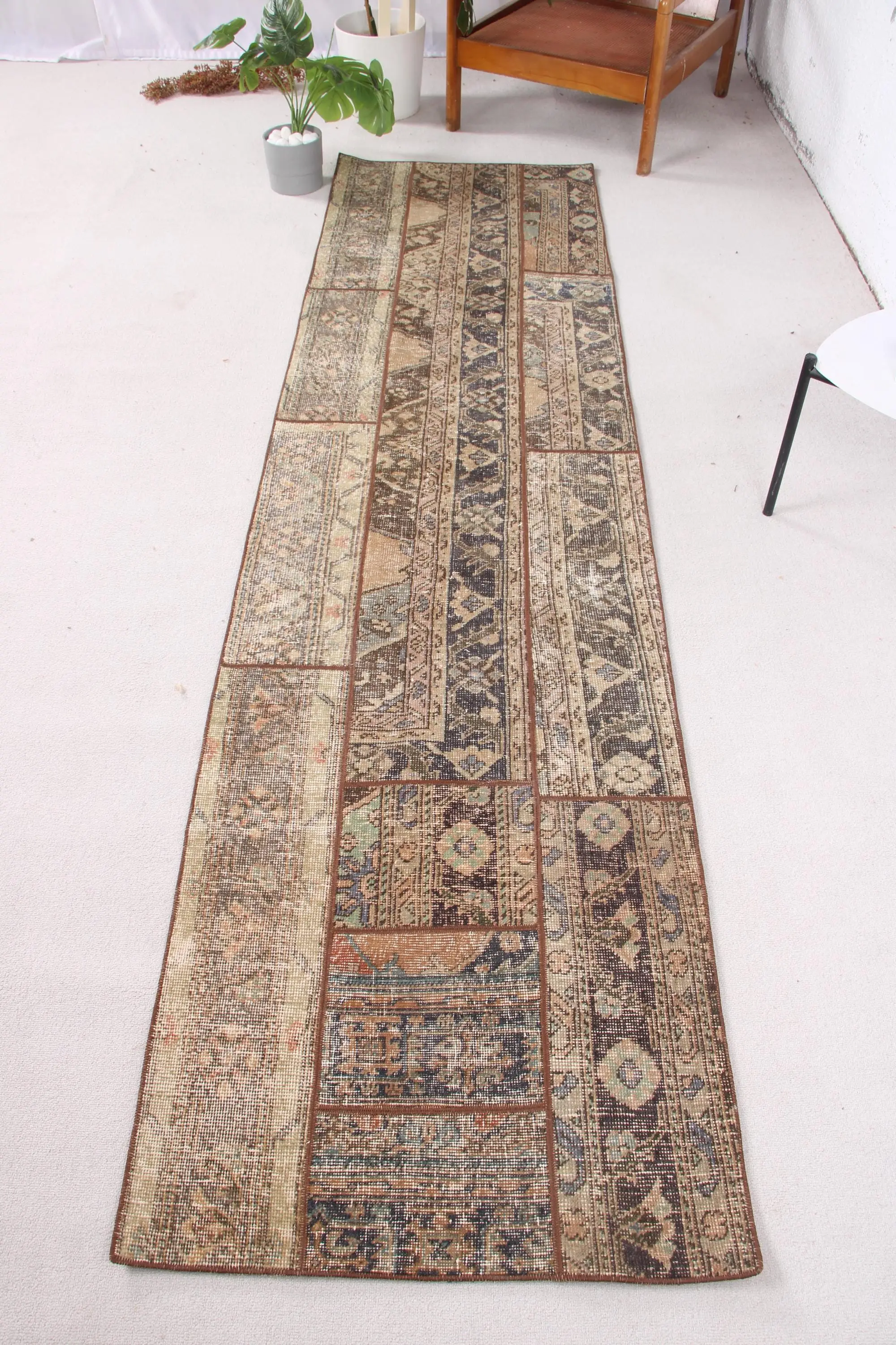 Turkish 2.5x9.6 ft Rug, Runner Vintage Rug, Brown Blue Abstract Rug - 1