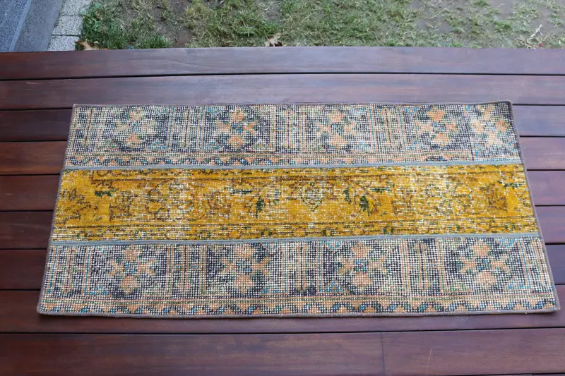 Alfombra vintage, alfombra turca de 1,7x3,6 pies, alfombra de lana con bordes azules amarillos - 1