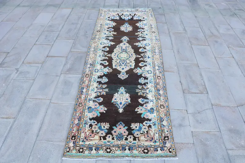 Turkish Runner Rug, 3.37x10 ft Vintage Rug, Blue Oushak Wool Rug - 1