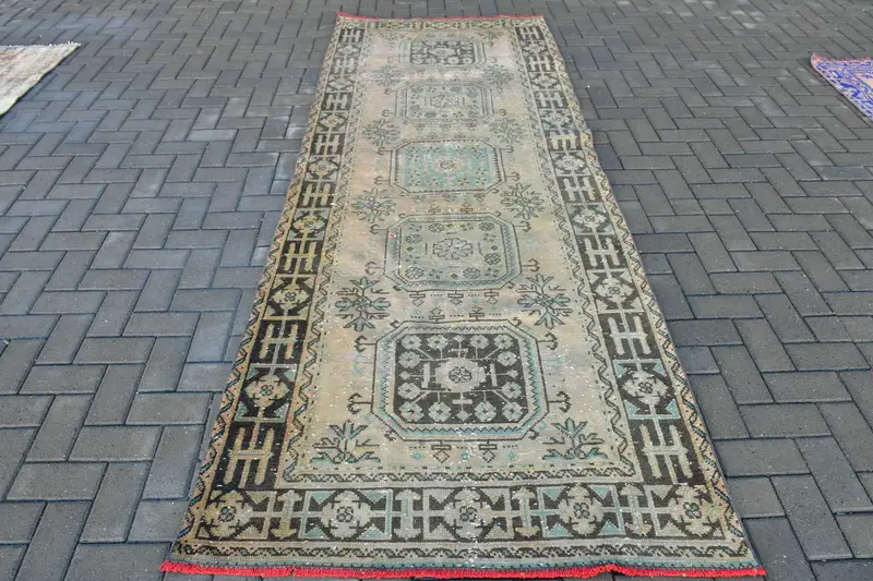 4x10.4 ft Vintage Türk Halısı, Yolluk Halısı, Mavi Oushak Bordürlü Halı - 1