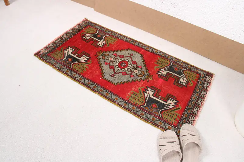 1,7x3,37 ft türkischer Oushak-Teppich, Vintage-Teppich, roter Camouflage-Wollteppich - 1