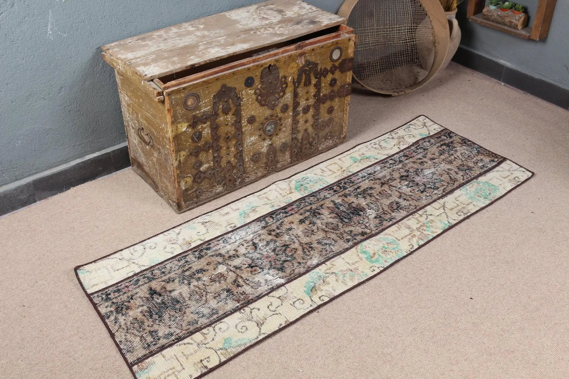 1.9x5.4 ft Rug, Vintage Turkish Rug, Brown Blue Animal Print Rug - 1