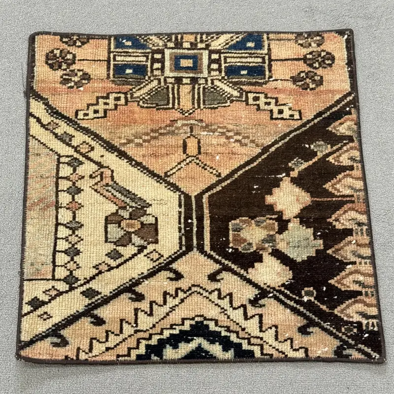 1.8x1.8 ft Small Turkish Rug, Vintage Rug, Brown Beige Southwestern Wool Rug - 1