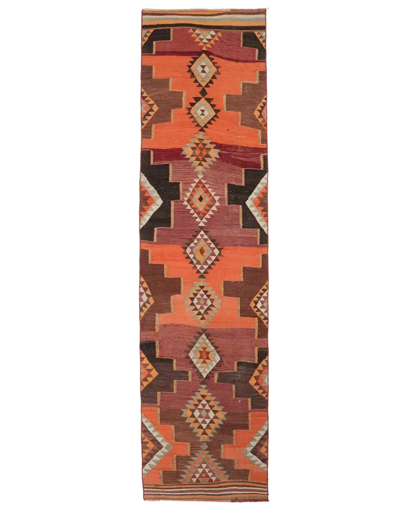 Canlı Turuncu Halı, Yeşil Vurgulu 2,7x10,4 ft