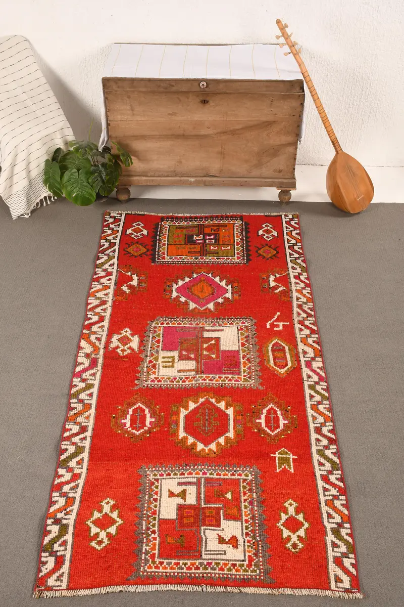 3.3x7.1 ft Halı, Accent Vintage Halı, Kırmızı Herki Bordürlü Halı - 1