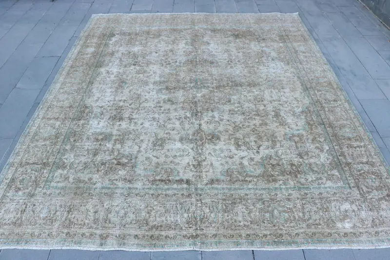 Elegant Beige Rug, 9.5x10.9 ft Bordered Design