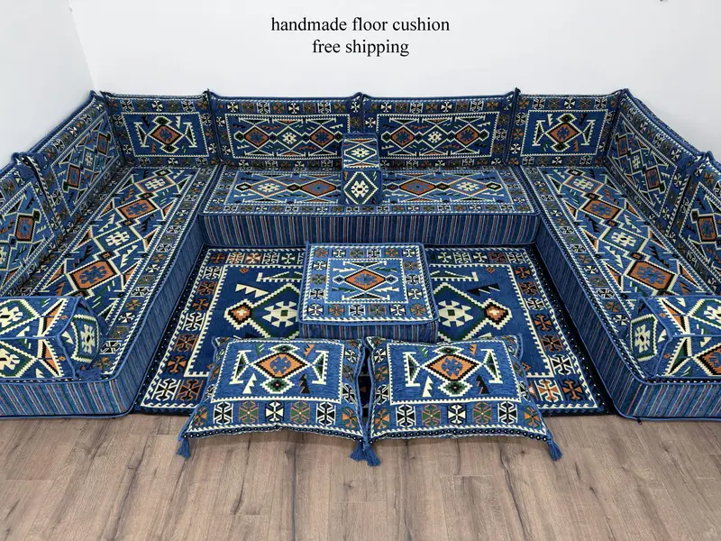 Modular Victorian Ottoman with Blue & Beige Kilim Pattern, Ottoman