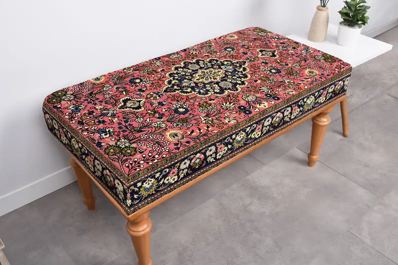 Scandinavian-Style Ottoman, Red & Beige Kilim-Inspired Ottoman