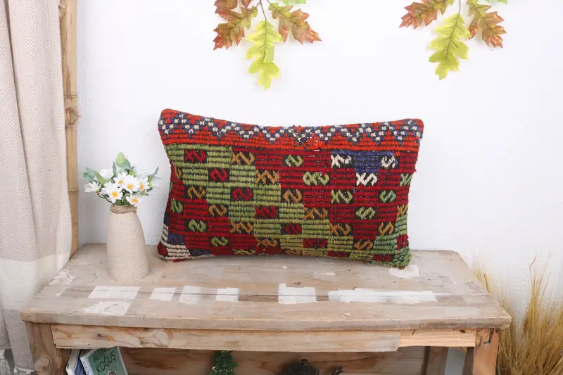 Gift Pillow, Pillow, Ethnical Kilim Rug Pillow, Vintage Kilim Pillow, Muted Cushion Cover, 12x20 Red Pillow Case, Nomadic Cushion - 1