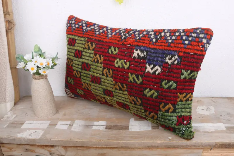 Gift Pillow, Pillow, Ethnical Kilim Rug Pillow, Vintage Kilim Pillow, Muted Cushion Cover, 12x20 Red Pillow Case, Nomadic Cushion - 4