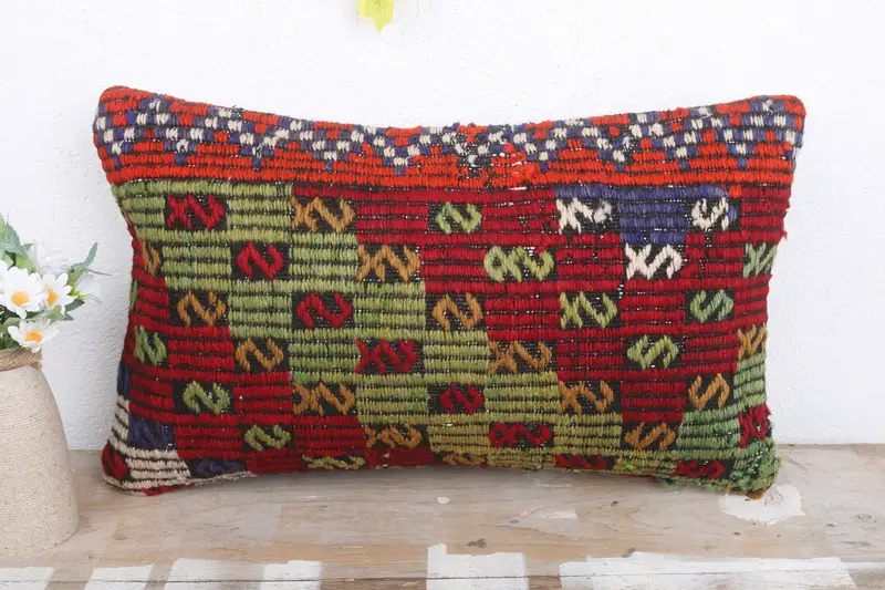 Gift Pillow, Pillow, Ethnical Kilim Rug Pillow, Vintage Kilim Pillow, Muted Cushion Cover, 12x20 Red Pillow Case, Nomadic Cushion - 2