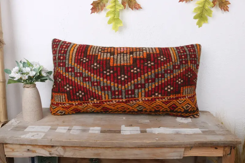 Cushion, Seat Cushion Cover, Turkish Pillow, Antique Pillows, Bolster Pillow Sham, Kilim Pillow, Christmas Cushion, 12x24 Red Cushion - 1
