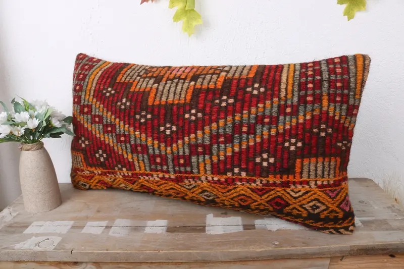 Cushion, Seat Cushion Cover, Turkish Pillow, Antique Pillows, Bolster Pillow Sham, Kilim Pillow, Christmas Cushion, 12x24 Red Cushion - 4