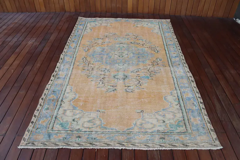 Alfombra turca vintage Oushak de 4,9x7,6 pies, alfombra de lana de área amarilla - 1
