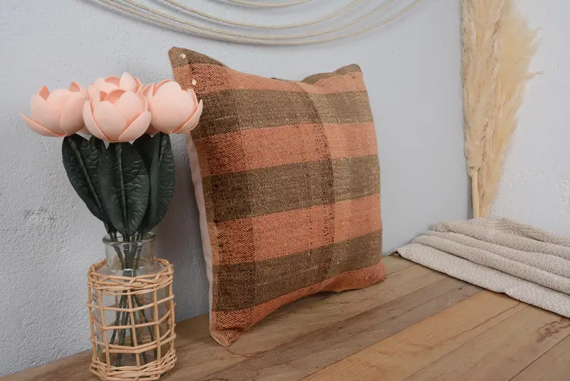 Almohada de tiro a rayas marrón y naranja, cojín bordado 16x16