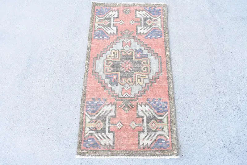 Vintage 1.4x3 ft Halı, Küçük Türk Halısı, Kırmızı Yeşil Halı - 1