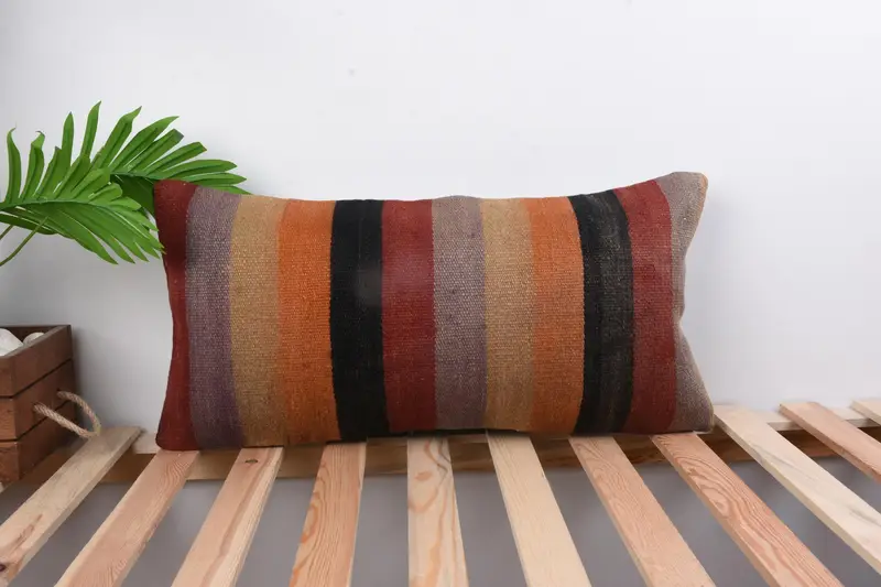 Ethnic Pillow Cover Cushion, Antique Pillows, Pillow for Couch, Throw Kilim Pillow, Cushion Case, Sofa Pillow Sham, 12x24 Orange Cushion Case - 1