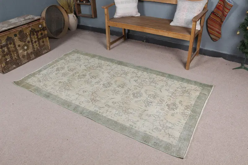 エレガントなベージュ&グリーンラグ、3.5x6.6フィート花柄&幾何学模様