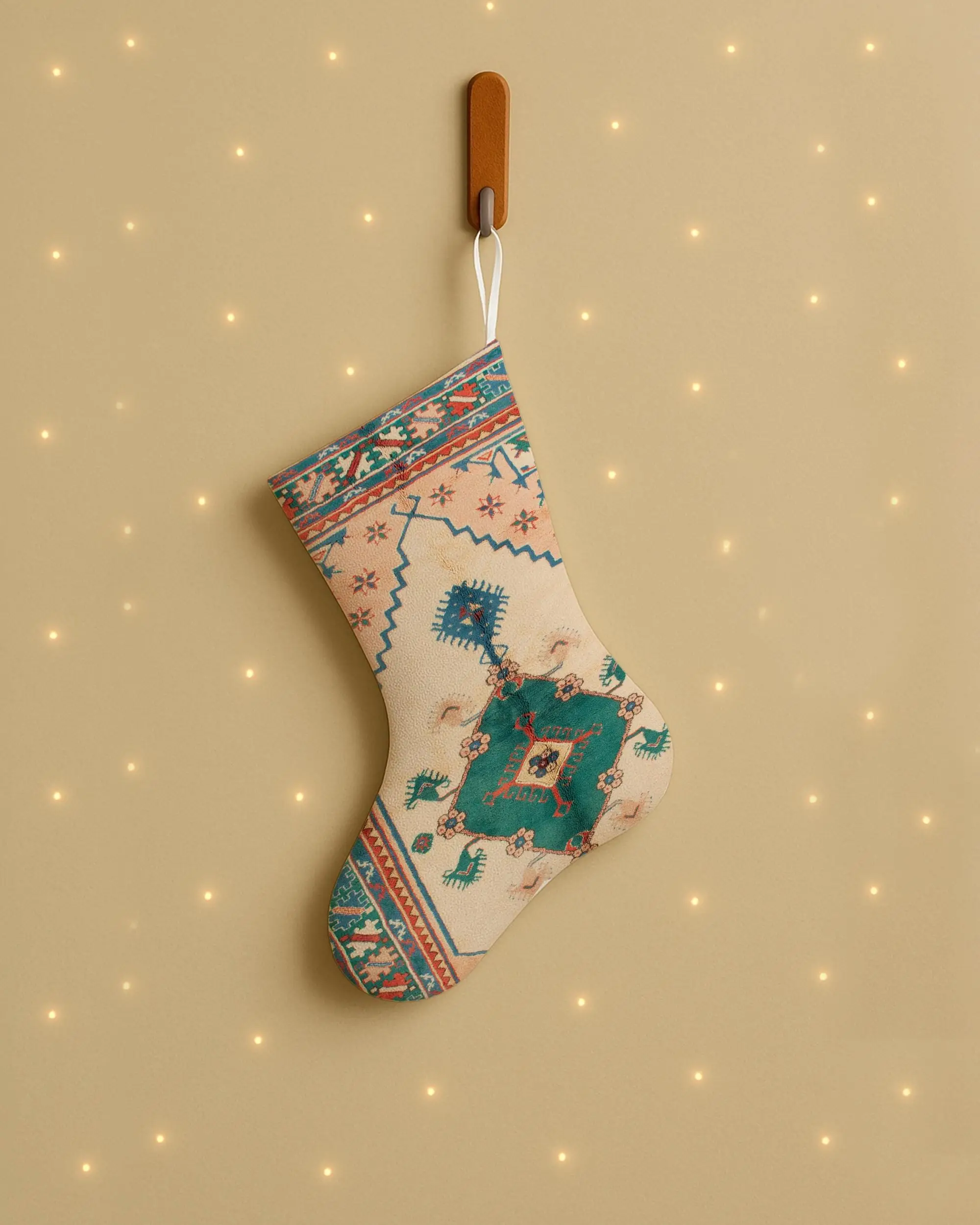 Yeşil Süslemeli Bej 20 İnç Noel Çorabı, Şenlikli Tatil Dekoru - 1