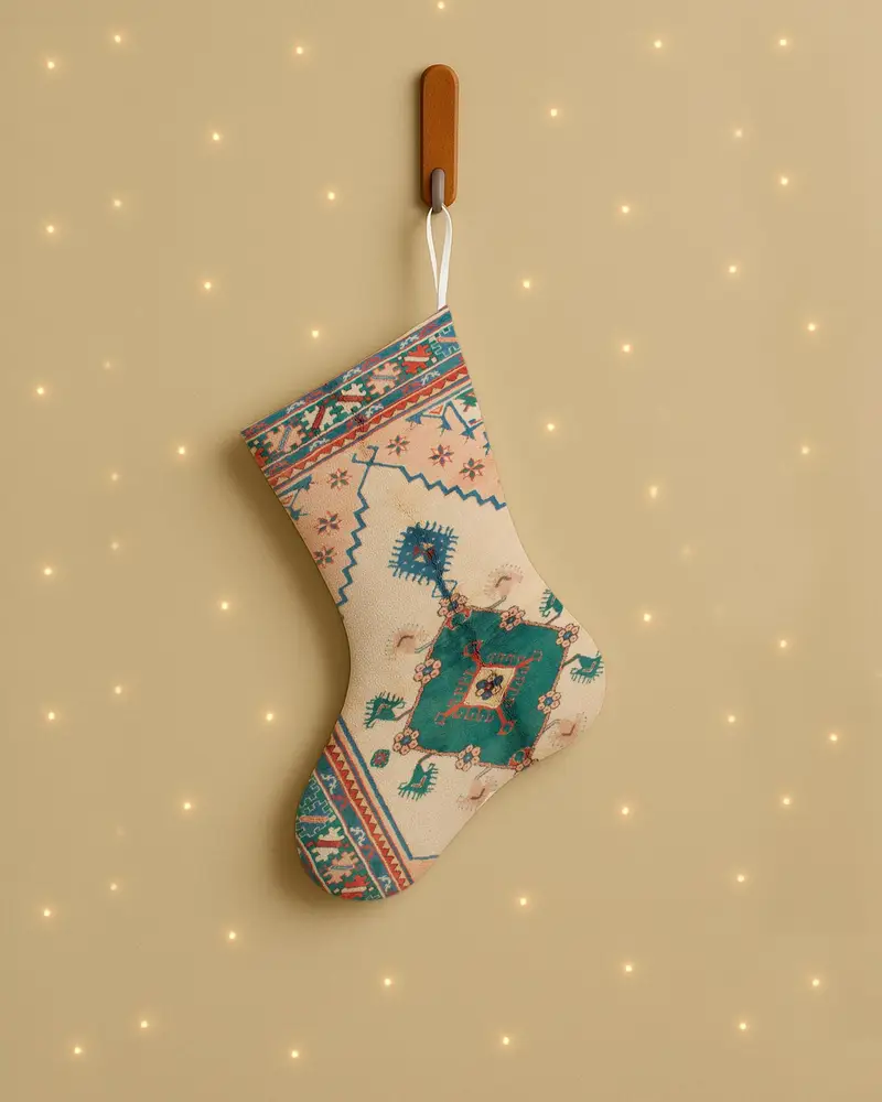 Yeşil Süslemeli Bej 20 İnç Noel Çorabı, Şenlikli Tatil Dekoru