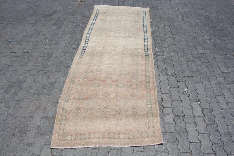 3,6x10,5 ft Teppich, türkischer Vintage Teppich, braun blau umrandeter Wollteppich - 1