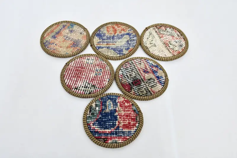 Bohemian Blue and Red Round Coasters, Ethnic Rug Coaster Set