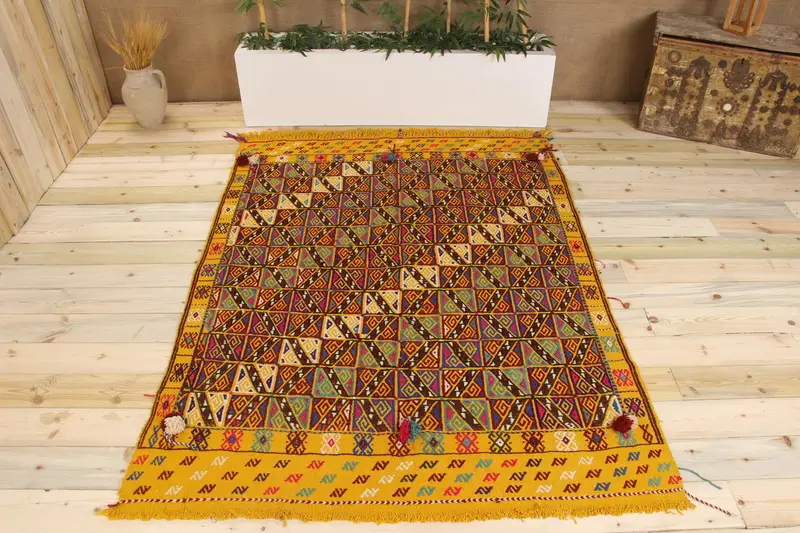 Handmade Yellow-Pink Rug, 0.4x6.9 ft Camouflage Pattern