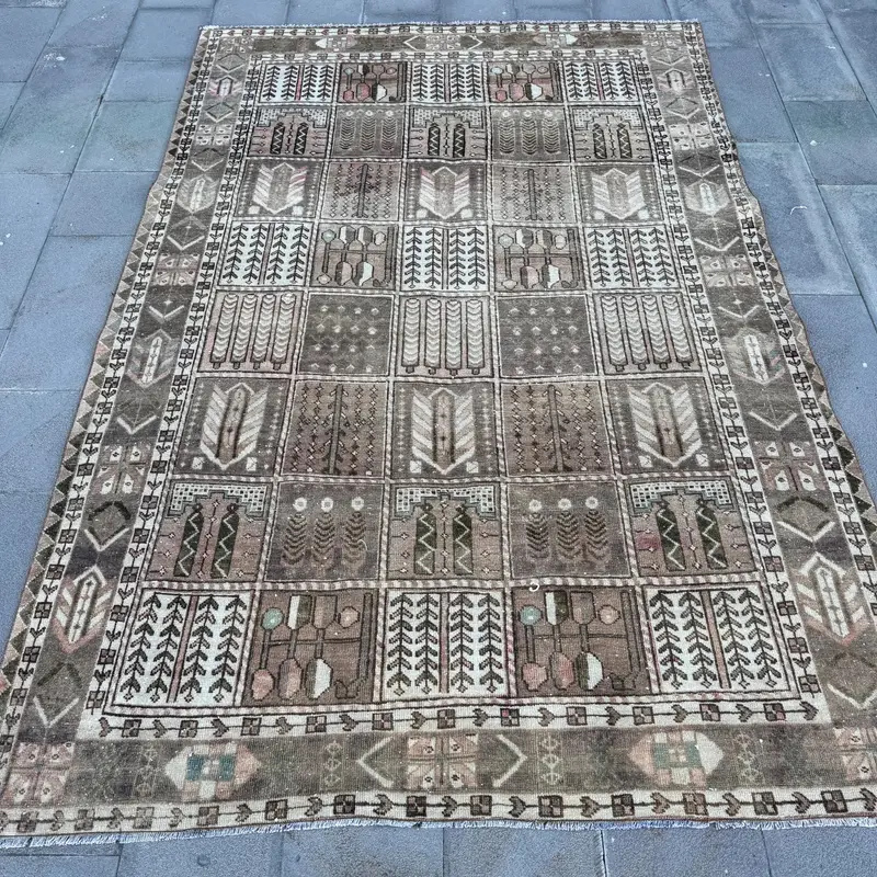 Turkish Vintage Rug, 6.46x9.4 ft Large Rug, Brown Gray Striped Rug - 1