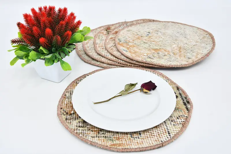 Böhmisch gemusterte runde Tischsets aus Baumwolle und Wolle, orange und weiße Tischsets