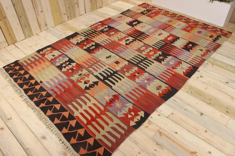 Alfombra turca vintage, alfombra Oushak de 6,3x10,1 pies, alfombra de lana patchwork roja - 1