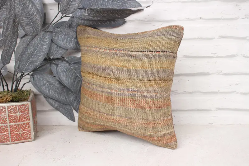 Boho Pillow Sham Cover, 12x12 Beige Pillow Case, Cotton Cushion Cover, Pillow for Couch, Vintage Kilim Pillow, Rustic Cushion Cover, Cushion Case - 4