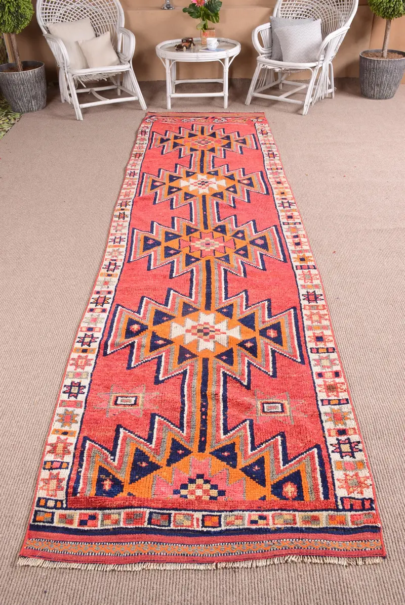 3.2x12.6 ft Turkish Rug, Vintage Runner Rug, Red Blue Polka dot Wool Rug - 1