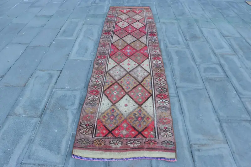 2,5x10,2 ft Vintage Teppich, türkischer Läuferteppich, roter massiver Wollteppich - 1