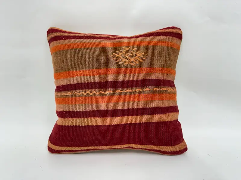 Yoga Cushion, Kilim Pillow, 14x14 Red Cushion Cover, Throw Kilim Pillow, Living Room Throw Cushion Cover, Kilim Cushion Sham, Pillow Sham - 1