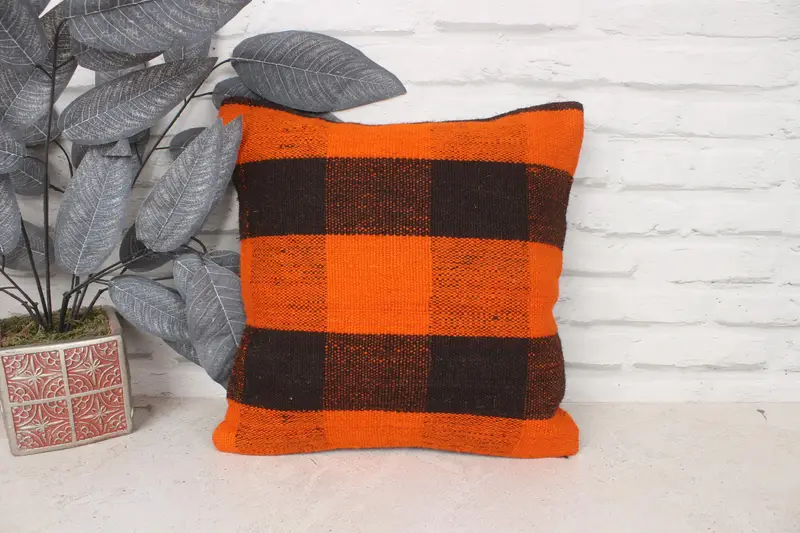 Antique Pillows, Sustainable Cushion Case, Aztec Cushion Case, Gift Pillow, 14x14 Orange Cushion, Pillow Cover, Kilim Pillow - 1