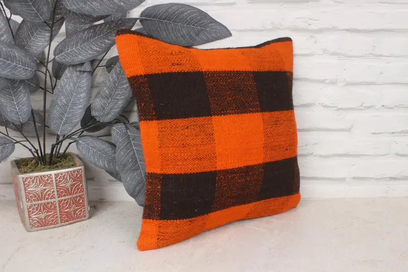 Antique Pillows, Sustainable Cushion Case, Aztec Cushion Case, Gift Pillow, 14x14 Orange Cushion, Pillow Cover, Kilim Pillow - 3