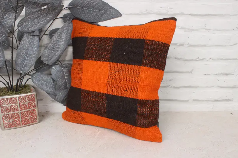 Antique Pillows, Sustainable Cushion Case, Aztec Cushion Case, Gift Pillow, 14x14 Orange Cushion, Pillow Cover, Kilim Pillow - 4