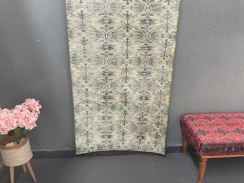 3x5.9 ft Oushak Rug, Vintage Turkish Rug, Green Brown Camouflage Rug - 1