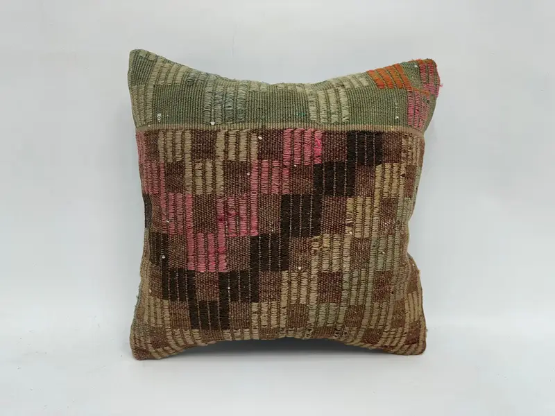 16x16 Green Pillow Cover, Neutral Cushion Case, Antique Pillows, Bright Pillow, Vintage Kilim Throw Pillow, Pillow Sham, Kilim Pillow Cover - 1