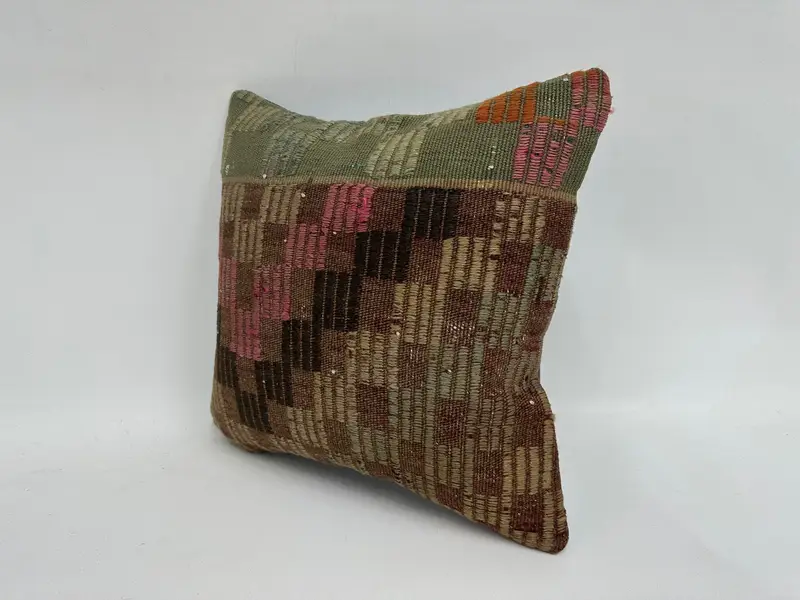 16x16 Green Pillow Cover, Neutral Cushion Case, Antique Pillows, Bright Pillow, Vintage Kilim Throw Pillow, Pillow Sham, Kilim Pillow Cover - 4