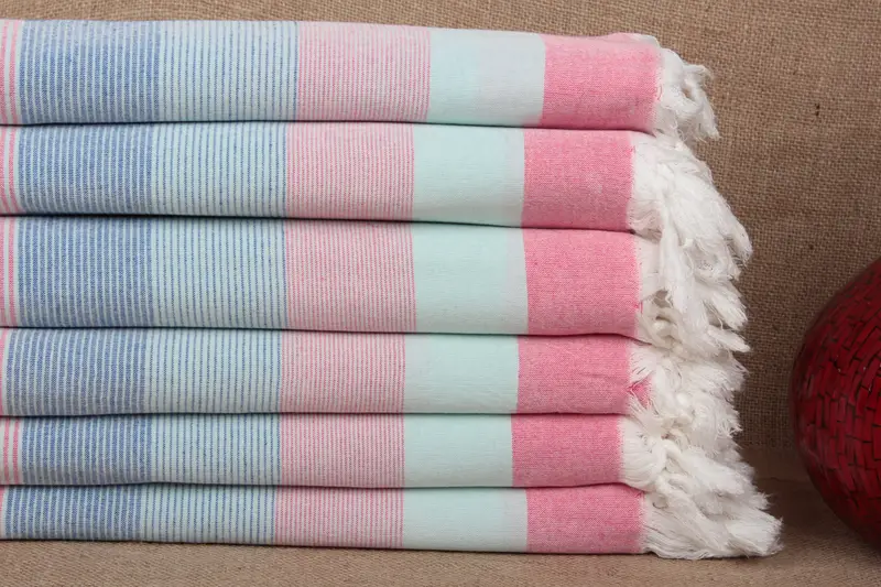 Türkisches Strandtuch Mint-Fuchsia gestreiftes Pestemal, Bio-Baumwolle, 40 x 67 Zoll
