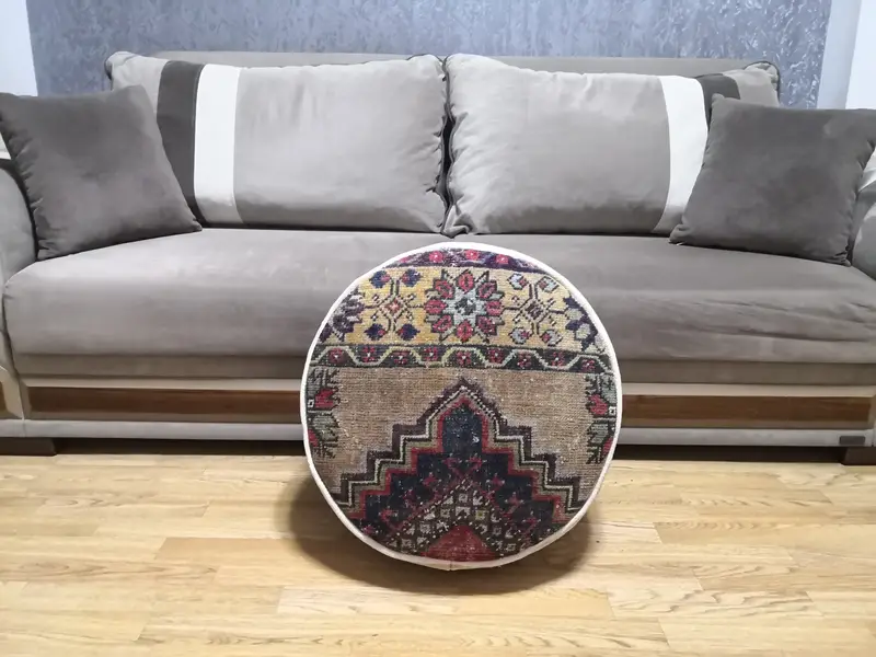 Rectangular Red & Bronze Kilim Pouf, Handmade Wool Pouf