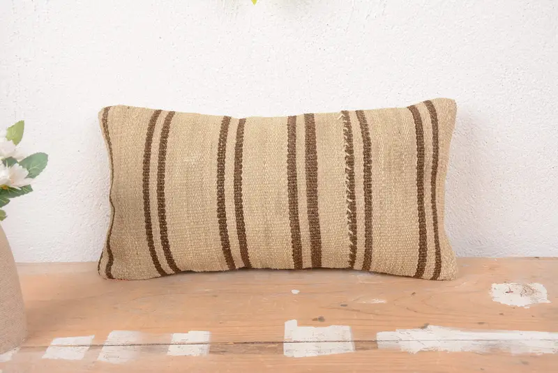 Beige & Brown Striped Pillow, Vintage Embroidered Throw Pillow