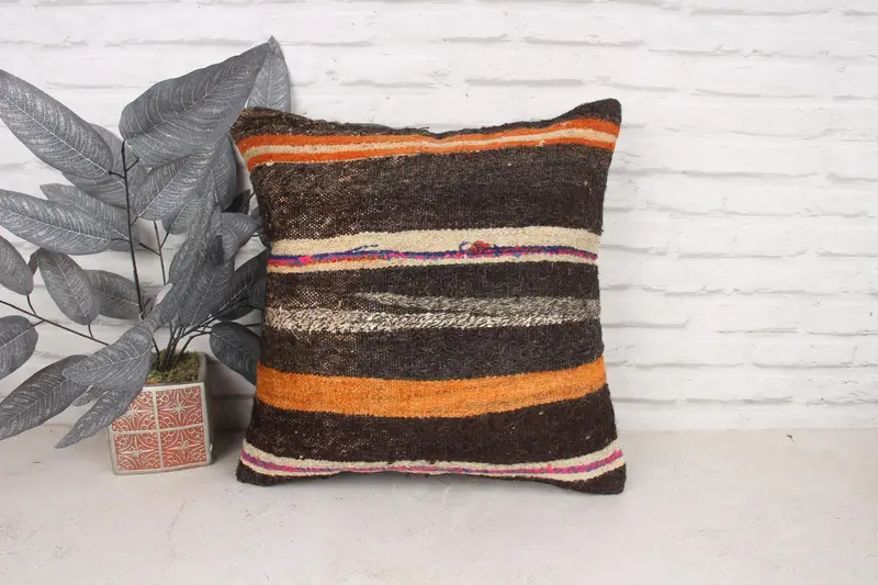 Square Throw Pillow, Boho Pillow, Ethnic Pillow Cover, Pillow Case, Pillow for Couch, Handmade Kilim Cushion, 18x18 Orange Pillow Sham - 1