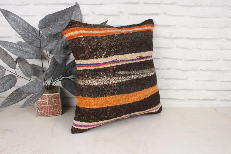 Square Throw Pillow, Boho Pillow, Ethnic Pillow Cover, Pillow Case, Pillow for Couch, Handmade Kilim Cushion, 18x18 Orange Pillow Sham - 3