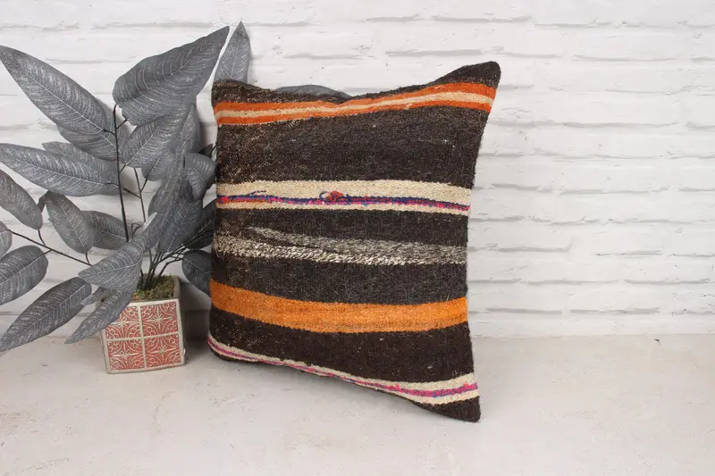 Square Throw Pillow, Boho Pillow, Ethnic Pillow Cover, Pillow Case, Pillow for Couch, Handmade Kilim Cushion, 18x18 Orange Pillow Sham - 4