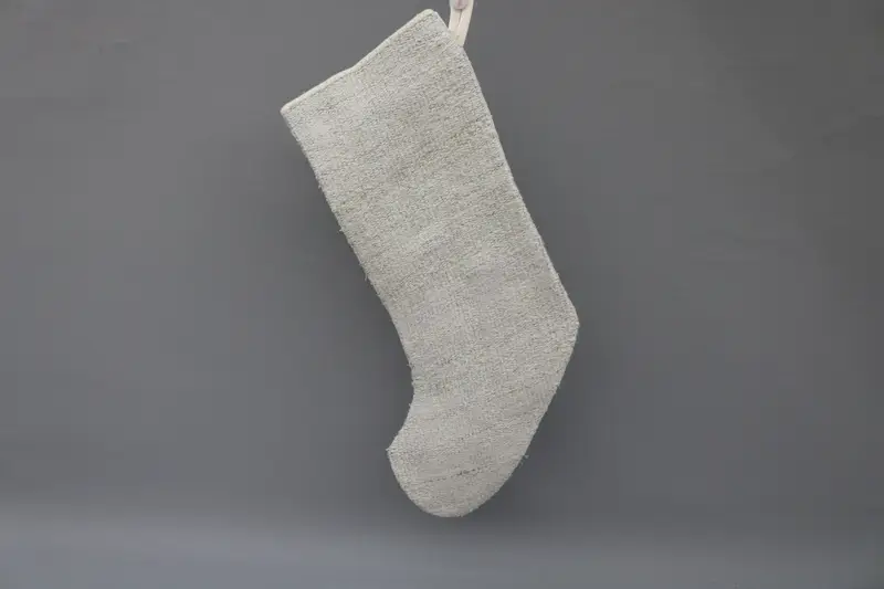 Beige Christmas Stocking with White Ornaments, Festive Holiday Decor