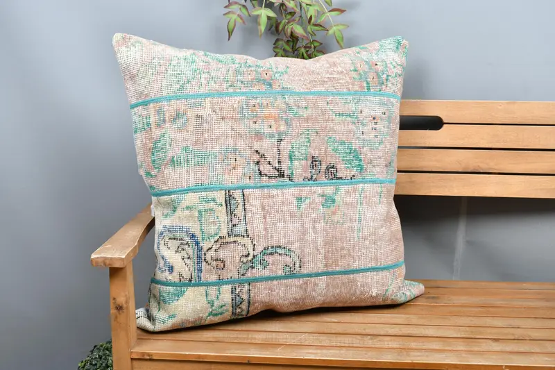 Beige & grünes Patchwork-Wurfkissen, 28x28 Vintage-Kissen