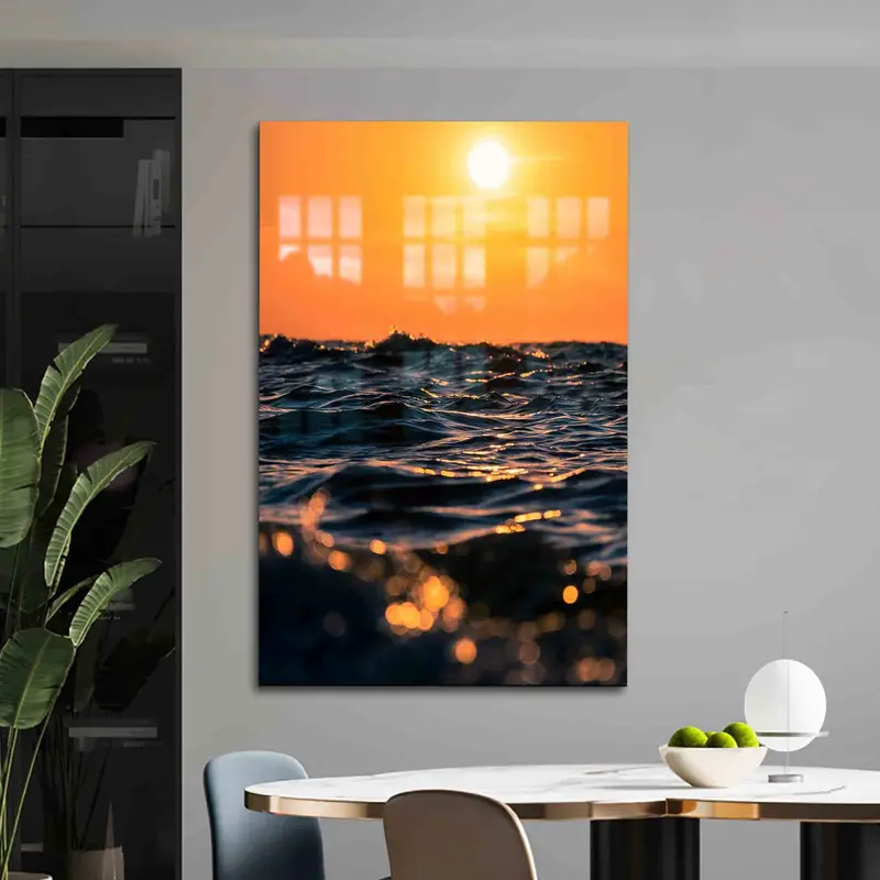 Zarif Baskılı Cam: Gün Batımında Dalgalanan Okyanus Dalgaları